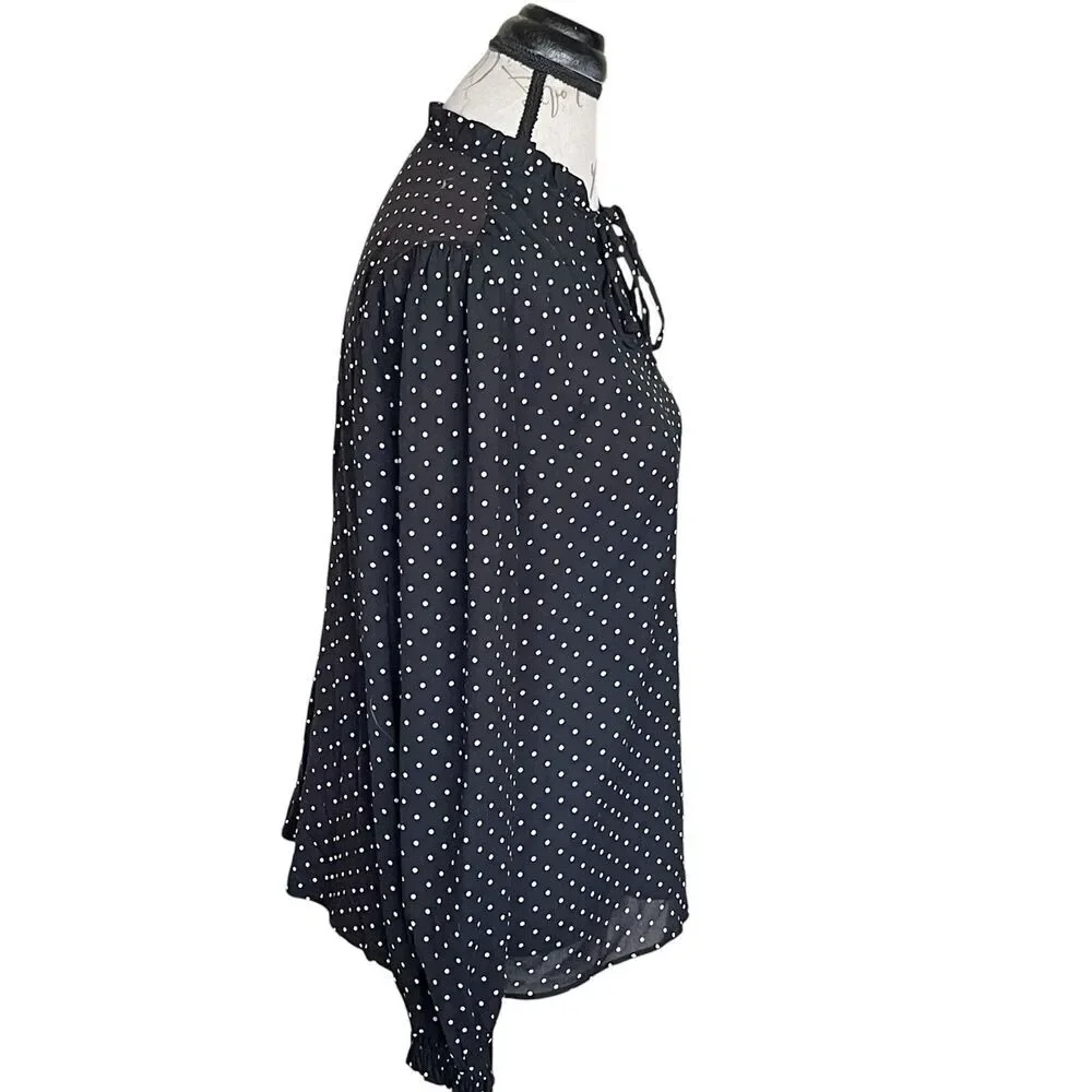 Loft Womens Ruffle Long Sleeve Blouse Polka Dots Front Keyhole Black Sz Small